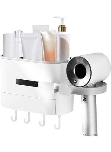 EasyLife Multifunction Hair Dryer Holder, Punch-Free Cabinet Door/Wall Bathroom Storage Rack With Hair Dryer Bracket, 4 Hooks, Drawer Storage Box