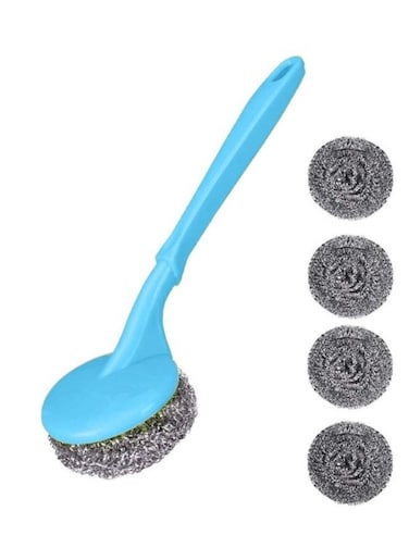EasyLife Long Handle Washing Up Scourer Non-Scratch Wire Brush Scrub Plus 4 Extra Scouring Pad Ball