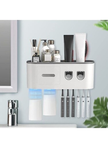 Generic Wall Mounted Toothpaste Dispenser And Toothbrush Holder With Two Magnetic Cups