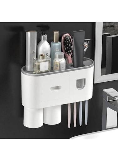 Generic 2 Cups Toothbrush Holder Wall Mounted With Toothpaste Dispenser Bathroom Set Toothbrush Holder Wall Mount Storage Rack