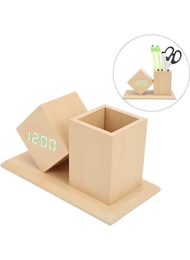 Generic Wooden Pen Holder Digital LED Clock With Alarm And Temperature