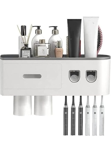 Generic Wall Mounted Toothbrush Holder With Toothpaste Dispenser 1 Cosmetic Drawer, And 6 Brush Slots With Cover Tooth Brush Holder And 2 Cups