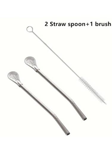 Generic 2 Pieces Straws With Filter Spoon Stainless Steel Straw Set Juice Spoon Yerba Mate Tea Coffee Cocktail Mixer Spoon With 1 Cleaning Brushes