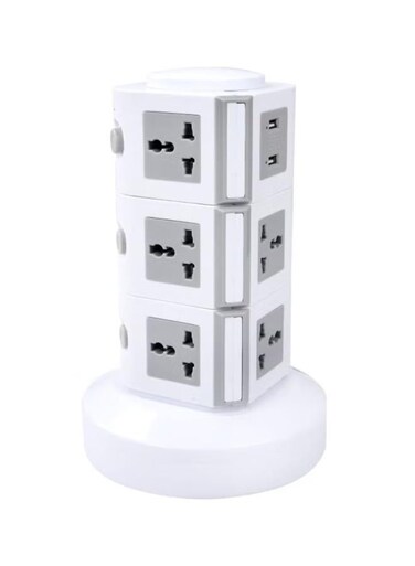 موزع طاقة رأسي عالمي ثلاثي الطبقات متعدد المقابس مزود بمنافذ USB وسلك بطول 2.5 متر وقابس بريطاني