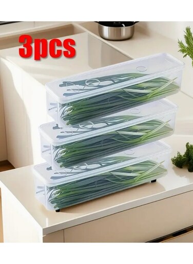 Generic 3 Pieces Of Plastic Food Storage Containers With Lids Reusable Rectangular Refrigerator Storage Boxes Suitable For Onions, Coriander, Cilantro, Garlic