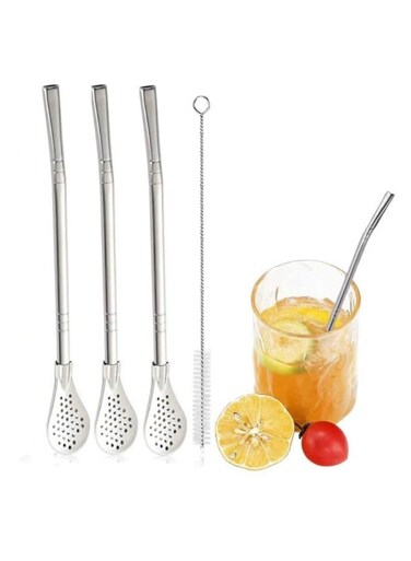 Generic 3 Pieces Stainless Steel Reusable Straw With Attached Filter Spoon And Cleaning Brush Set