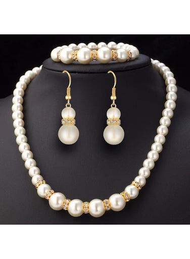 Generic 3-Piece Set Faux Pearl Necklace, Bracelet, Earring Set, Jewelry Accessories Suitable For Ladies Bridesmaids, Weddings, Parties, Dates, Daily Wear