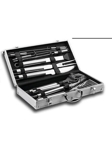 Generic Barbecue Cutlery Set 10 Pieces Stainless Steel Tool Grill Accessories In Aluminium Case For Camping Outdoor