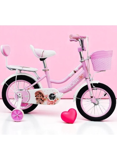 دراجة أطفال عادية مزودة بعجلات مساعدة، وسلة وردية اللون، ومقعد خلفي، وعجلات مقاس 14 بوصة، للبنات