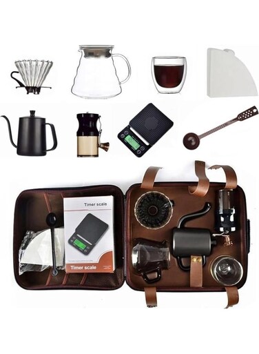 Generic Coffee Set - 9 Pieces With Portable Carry Case, Coffee Kettle With Drip Filter Coffee Share Pot, Filters, Coffee Scale, Double Wall Mug, Manual Coffee Grinder Ts-05