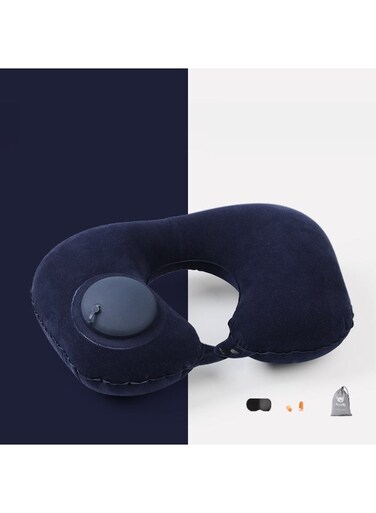 Generic Dark Blue - Flocking, Travel Set Press Inflatable U Shaped Neck Pillow - Milk Silk Comfortable Breathable Cover, Portable Neck &amp; Head Pillow With Eye Mask, Ear Plugs &amp; Storage Bag