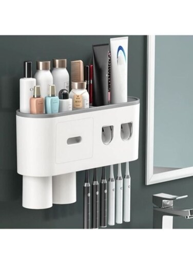 موزع معجون أسنان مزدوج عام، حامل فرشاة أسنان يُثبت على الحائط، مع 6 فتحات للفرشاة، وكوبين مغناطيسيين، ومنظم أدراج مستحضرات التجميل، وصينية تخزين كبيرة، طقم حامل فرشاة أسنان للحمام