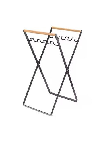 رف أكياس قمامة قابل للطي مصنوع من الفولاذ المقاوم للصدأ مع مقبض خشبي مريح للتخييم في الهواء الطلق