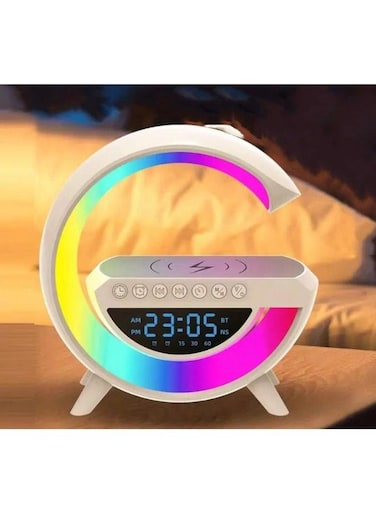 مصباح جو ذكي عام، مكبر صوت بلوتوث مع شاحن لاسلكي وساعة منبه