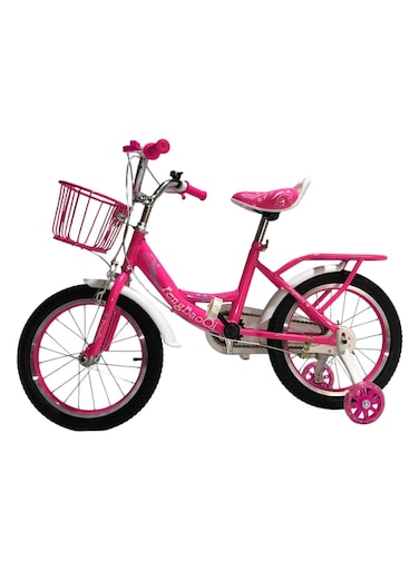 دراجة أطفال عادية بعجلات مساعدة - دراجة وردية مقاس 16 بوصة مع سلة وحامل خلفي - مثالية للفتيات - إطار فولاذي متين