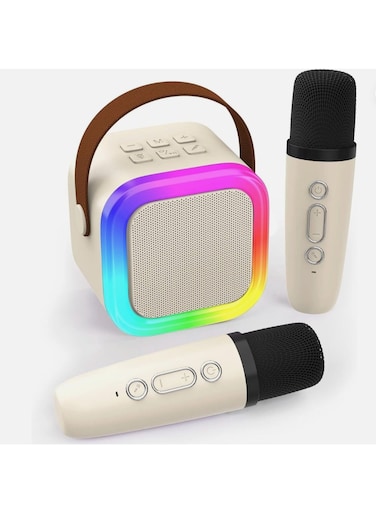 جهاز كاريوكي صغير متعدد الاستخدامات مزود بميكروفونين، مكبر صوت بلوتوث محمول مع مؤثرات صوتية وإضاءة LED