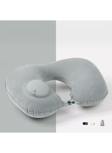 Generic Moon Gray - Flocking, Travel Set Press Inflatable U Shaped Neck Pillow - Milk Silk Comfortable Breathable Cover, Portable Neck &amp; Head Pillow With Eye Mask, Ear Plugs &amp; Storage Bag