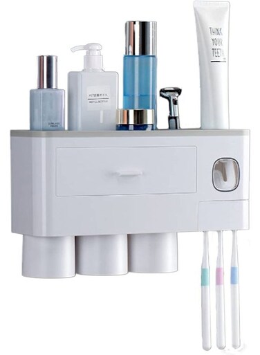 حامل فرشاة أسنان متعدد الوظائف مع موزع معجون أسنان أوتوماتيكي، أدراج عملية، منظم مستحضرات تجميل يُثبت على الحائط