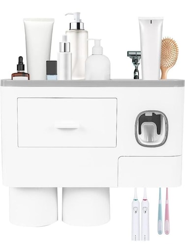 Generic Multifunctional Space-Saving Toothbrush And Toothpaste Holder With Drawer For Cosmetics And 2 Cups