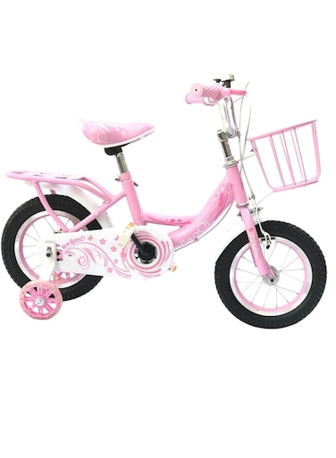 دراجة وردية عادية مزودة بعجلات مساعدة وسلة وجرس، مثالية للأعمار من 2 إلى 5 سنوات. مقعد قابل للتعديل، هيكل متين، دراجة أولى مثالية للأطفال الصغار.