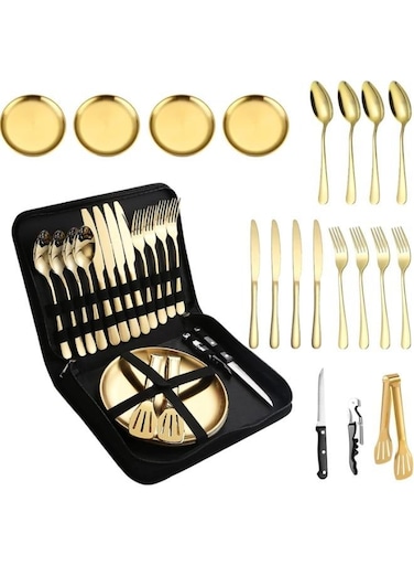 Generic Set For 4 Portable Tableware Plates Silverware Forks Spoons Knives Bottle Opener Food Tongs Complete Kit With Zipper Bag