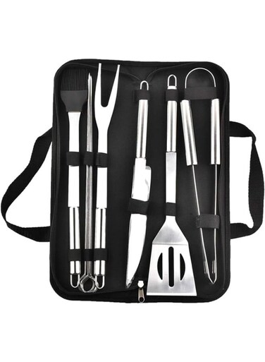 Generic Set-9 Piece Stainless Steel Barbecue Grilling Accessories With Storage Case, Spatula, Tongs, Skewers, Forks, Knife And Basting Brush, Well For Outdoor Party