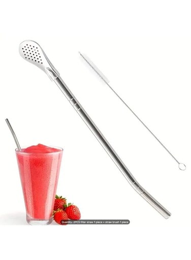 Generic Stainless Steel Reusable Straws Set -Detachable Filter Spoon Straw With Cleaning Brush