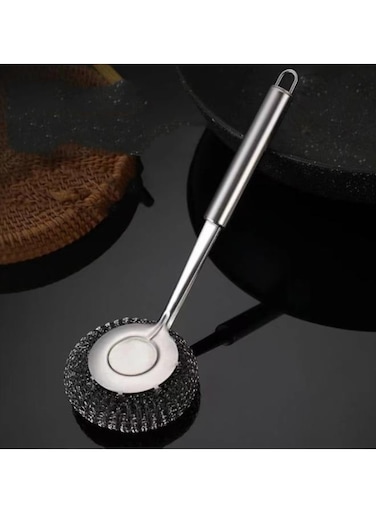 فرشاة تنظيف أطباق المطبخ قابلة لإعادة الاستخدام مصنوعة من الفولاذ المقاوم للصدأ، مزودة بكرة سلكية معدنية، تتميز بقوة تنظيف عالية.