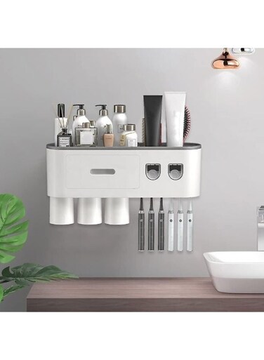 حامل فرشاة أسنان جداري عادي مع طقم ضغط وموزع معجون أسنان أوتوماتيكي عدد 2 و3 أكواب