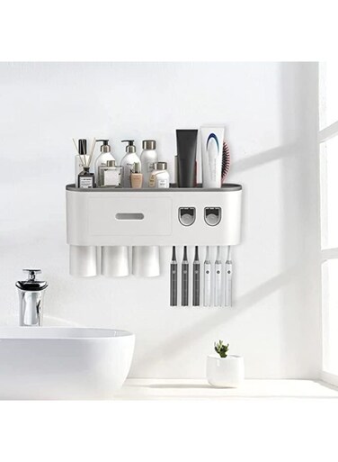 حامل فرشاة أسنان جداري عام مزود بمجموعة عصارة وموزع معجون أسنان أوتوماتيكي مزدوج مع 3 أكواب