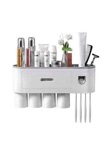 حامل فرشاة أسنان جداري عام بدون حفر، موزع معجون أسنان مع 4 أكواب وحامل لـ 6 فرش أسنان