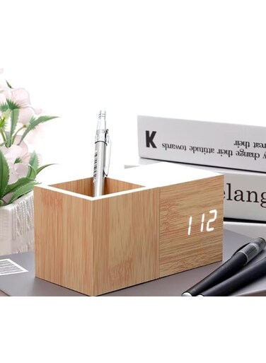 Generic Wooden Digital Alarm Clock With Pen Holder USB And Battery Operated