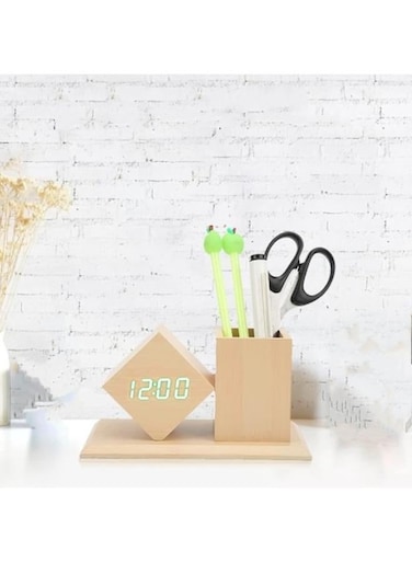Generic Wooden Pen Holder Digital LED Clock With Alarm And Temperature