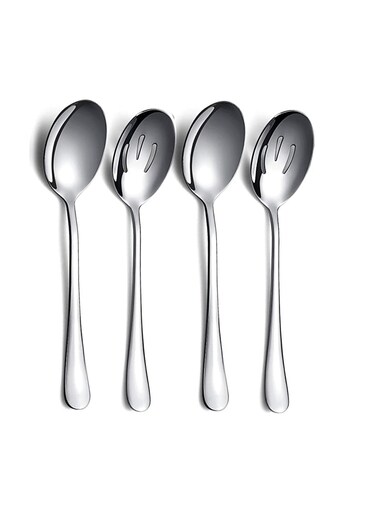 Serving Utensils, Stainless Steel Buffet Spoons, 2 Serving and 2 Slotted Spoons, Dishwasher Safe, Party and Banquet Essentials