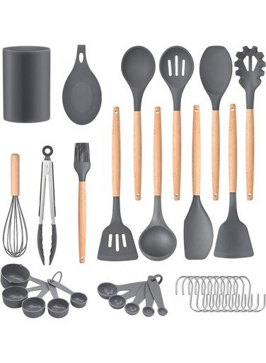 Pcs Silicone Cooking Utensils Kitchen Utensil Set - 446&Acirc;&deg;F Heat Resistant,Turner Tongs, Spatula, Spoon, Brush, Whisk, Wooden Handle Gray Kitchen Gadgets with Holder for Nonstick Cookware