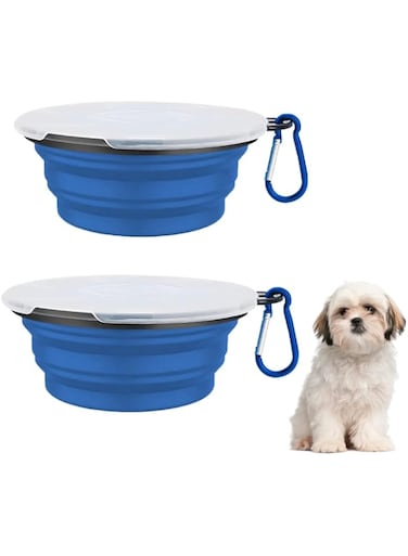 JVHLOV 350 ml Pack of 2 Foldable Pet Travel Bowls with Lid and Hook Travel Bowls for Dog and Cat Bowls, Portable Foldable Dog Bowl