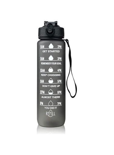 Tritan 1L Plastic Motivational Water Bottles with Time Marker (Black)