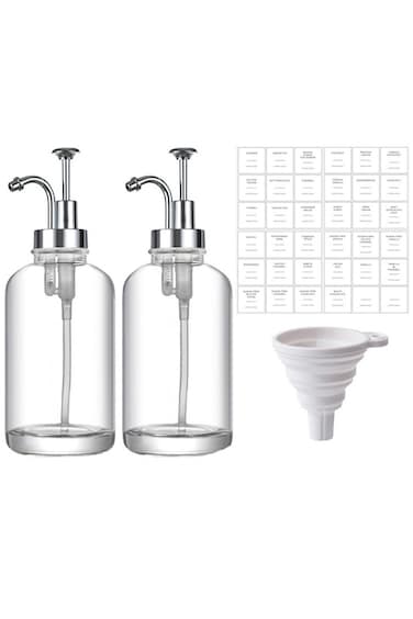 Syrup Dispenser for Coffee Bar, Coffee Syrup Pump, Glass Syrup Bottle Coffee Bar Accessories, with 36 Labels, 16.9 oz 500 ml, Set of 2