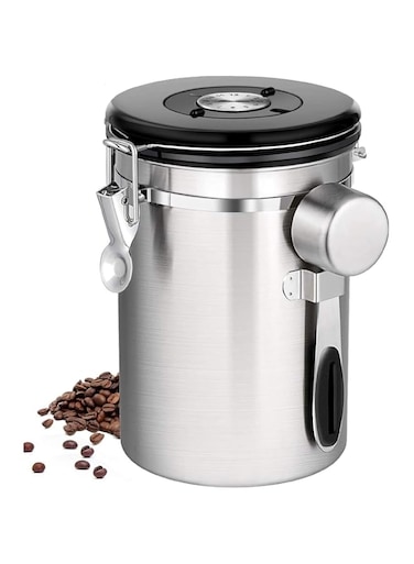 XBLDS Coffee Canister Storage, 1800ML Stainless Steel Airtight Coffee Bean Storage Grounds Container with Date Tracker &amp; Measuring Scoop, Kitchen Food Canister Jar for Cereal, Sugar, Tea (Silver)