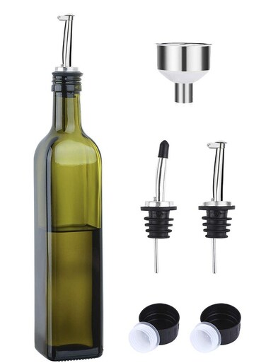Glass Olive Oil Bottle Dispenser, With Pourer Spout And Funnel, Dedicated Oil And Vinegar Cruet, Soy Sauce Bottle For Kitchen, Drip-Free Glass Decanter Style Cruet, Elegant And Practical Home Condiment Bottle, Green, 500ml