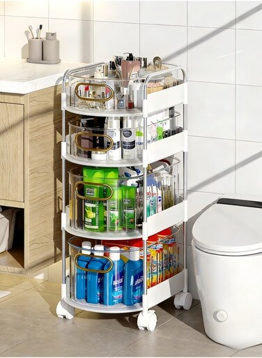 Shelf with Wheels, Large Capacity Layered Storage Rack, Easy-Grip Arc Handle &amp; Brake Casters, Space-Saving Organizer for Home, Office, Laundry (White)