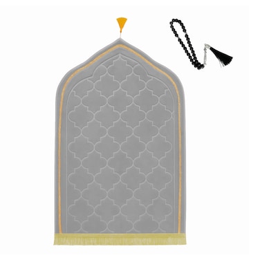 Fabienne Luxury Foam Prayer Mat with Prayer Beads Soft Padded Prayer Rug 70x110 cm Grey with Knee Support, Anti-Slip &amp; Lightweight Ideal Gift for Elderly, Eid &amp; Ramadan
