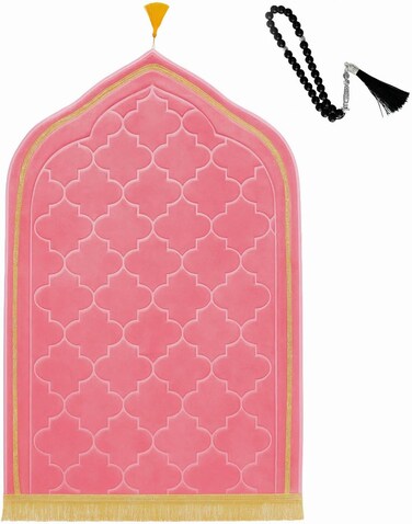 Fabienne Luxury Foam Prayer Mat Pink with Prayer Beads Soft Padded Prayer Rug 70x110 cm with Knee Support, Anti-Slip &amp; Lightweight &ndash; Ideal Gift for Elderly, Eid &amp; Ramadan