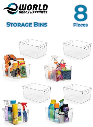 Set of 8 Clear Stackable Plastic Storage Bins with Easy-Grip Handles, Versatile Organization for Refrigerators, Pantries, Craft Rooms, Wardrobes, Offices, and Dormitories.