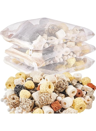 NALACAL 3 Bags Aquarium Filter Media, Bio Balls Aquarium Filter Media with Mesh Bag, Ceramic Rings for Aquarium Filter Pond and Fish Tank, Aquarium Filter Accessories Decorations, 1500 g Total