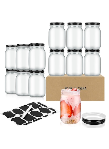 12Pack 16oz Glass Mason Jars with Black Lids, Wide Mouth Canning Jars for Honey, Jam, Herbs, Kitchen Storage, Meal Prep, DIY Crafts, and Wedding Favors