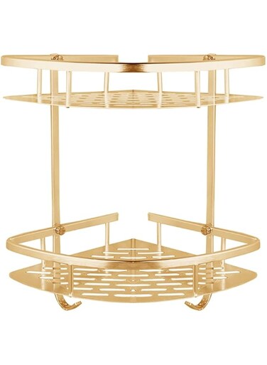 M&amp;J&amp;DELEE M&amp;J No Drilling Bathroom Corner Shelf Drill-Free with Hooks Aluminum Stainless Steel Shower Shelves Kitchen Storage Basket - 2 Tier (Gold)