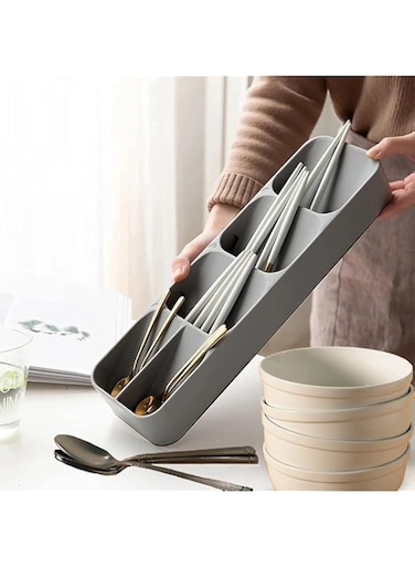 Toshionics Compact Cutlery Tray Drawer Kitchen Silverwares Knives Utensil Spoons Forks Storage Box Organizer (Grey)