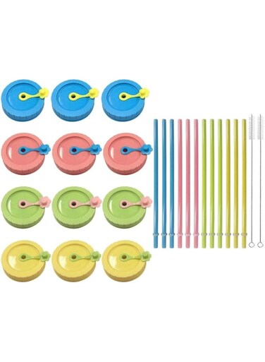 MAKINGTEC Mason Jar Lids with Straw Hole/Plastic Straws/Silicone Stoppers/Silicone Rings/Cleaning Brush, BPA Free Plastic Canning Lids, Great for Drinking &amp; Food Storage(26 Pack)