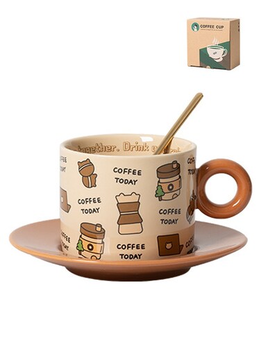 Microwave - Safe Brown Ceramic Coffee Cup With Saucer And Spoon - Adorable Coffee - Themed Patterns For Daily Use